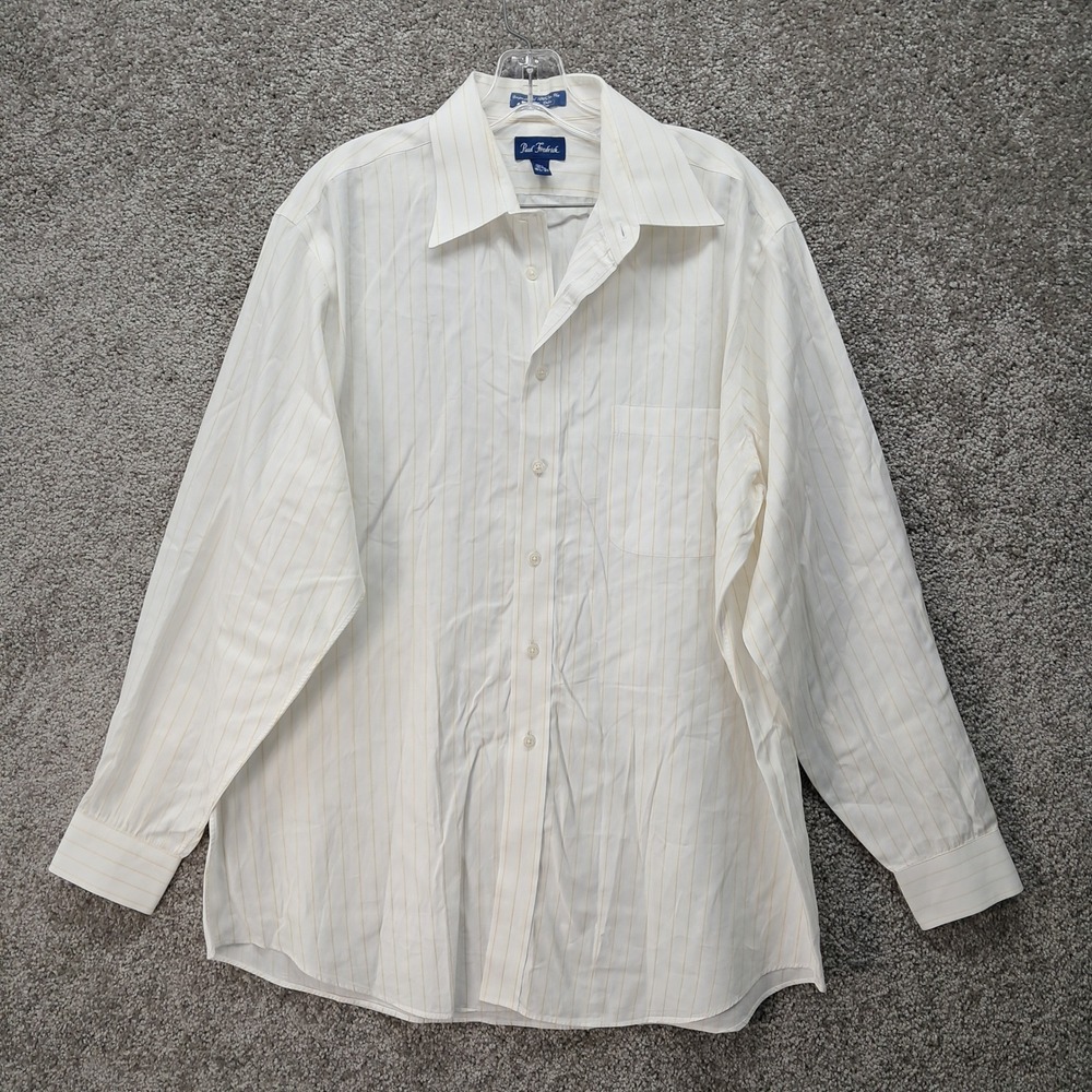 Paul Fredrick Mens White Yellow Striped Cotton Dobby Dress Shirt 16.5-35